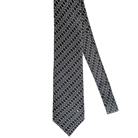 CELINE Paris Vintage Silk Tie Mens Black White Chain Link Pattern Made in Spain